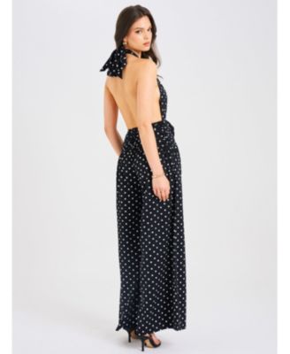 Women Oriana Black Polka Dots Halter Jumpsuit