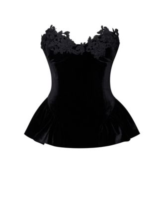 Women's Qiara Black Velvet Peplum Top with Lace Trim