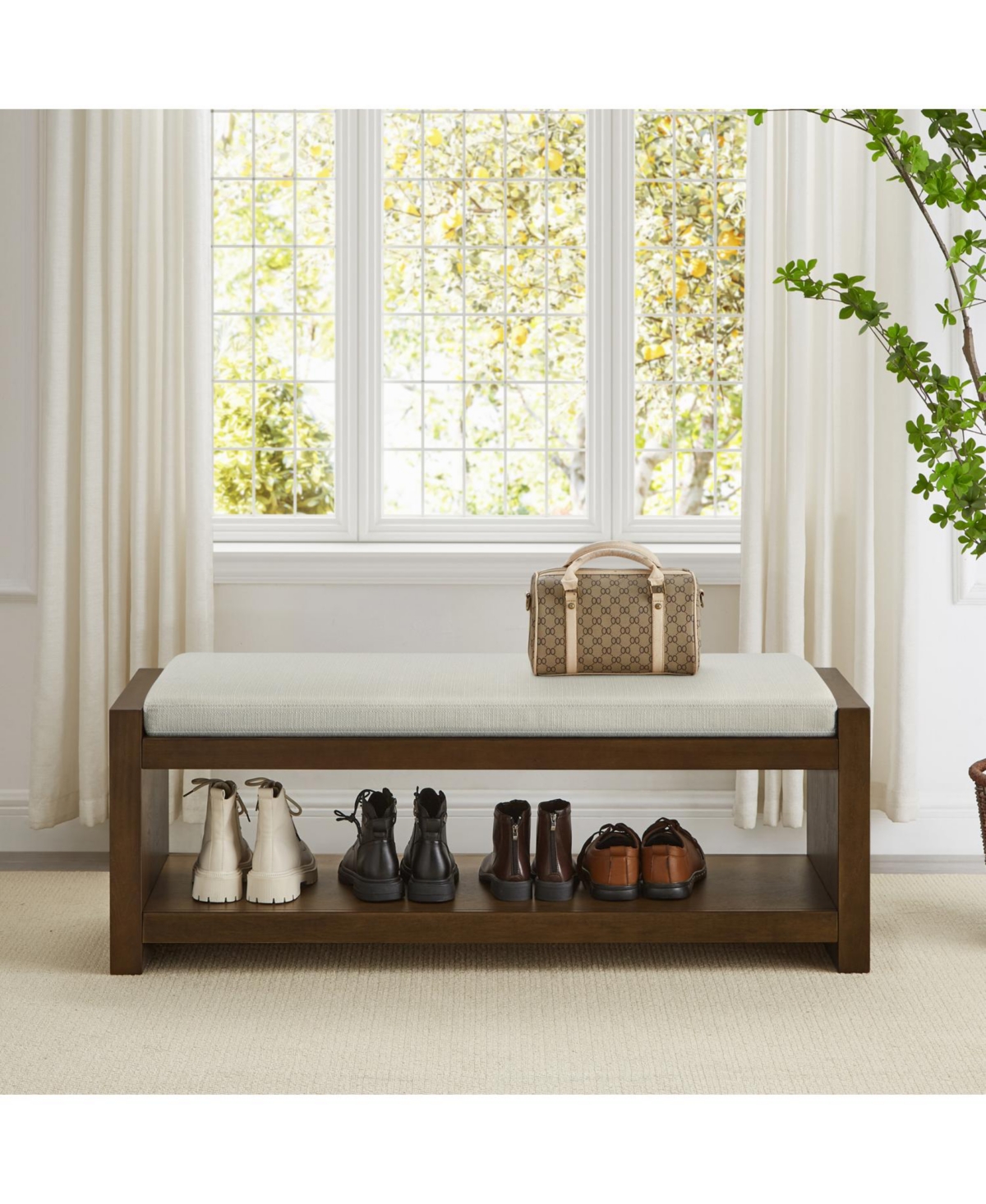 Streamdale Furniture 47" Beige Bench with Shoe Rack & Removable Cushion