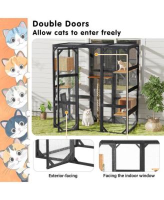 Outdoor Cat House Double Door Playpen with Condo Black Brown