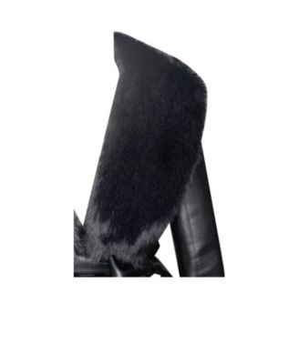 Women Zaida Black Faux Fur Trim Black Faux Leather Coat