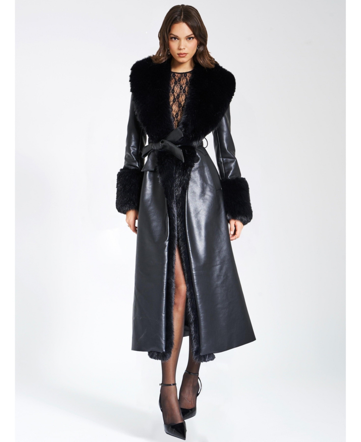 Women Zaida Black Faux Fur Trim Black Faux Leather Coat - Black