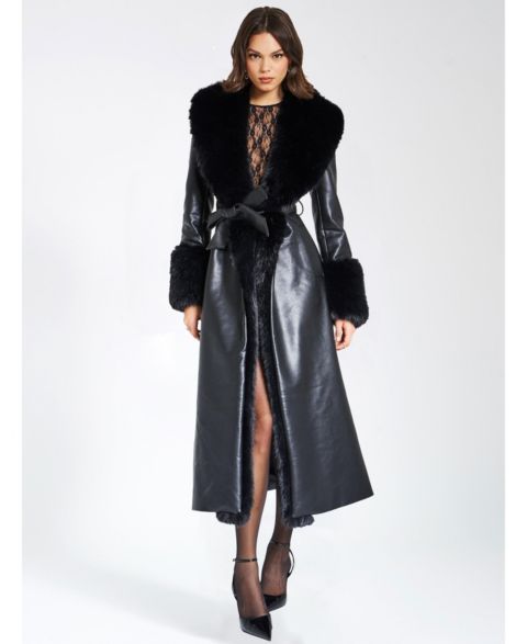 Женские куртки Miss Circle Women Zaida Black Faux Fur Trim Black Faux Leather Coat