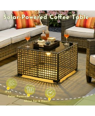 4 Pieces Outdoor Patio Furniture Set,Outside Conversation Set with All-Weather Wicker Sofa,Deep Seating Cushions and Solar Powered Coffee Table