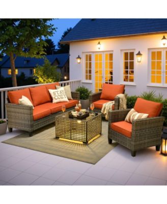 4 Pieces Outdoor Patio Furniture Set,Outside Conversation Set with All-Weather Wicker Sofa,Deep Seating Cushions and Solar Powered Coffee Table