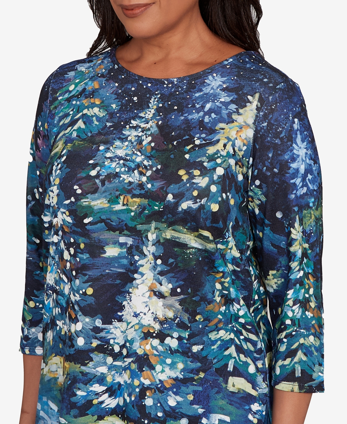 Alfred Dunner Petite Starry Night Tree Top In Blue