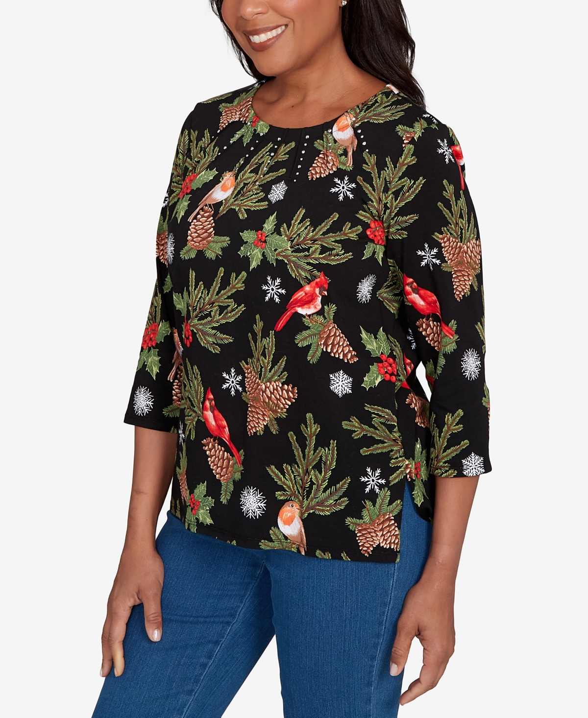Alfred Dunner Women's Classic Cardinals And Pinecones Embellished Top In Black