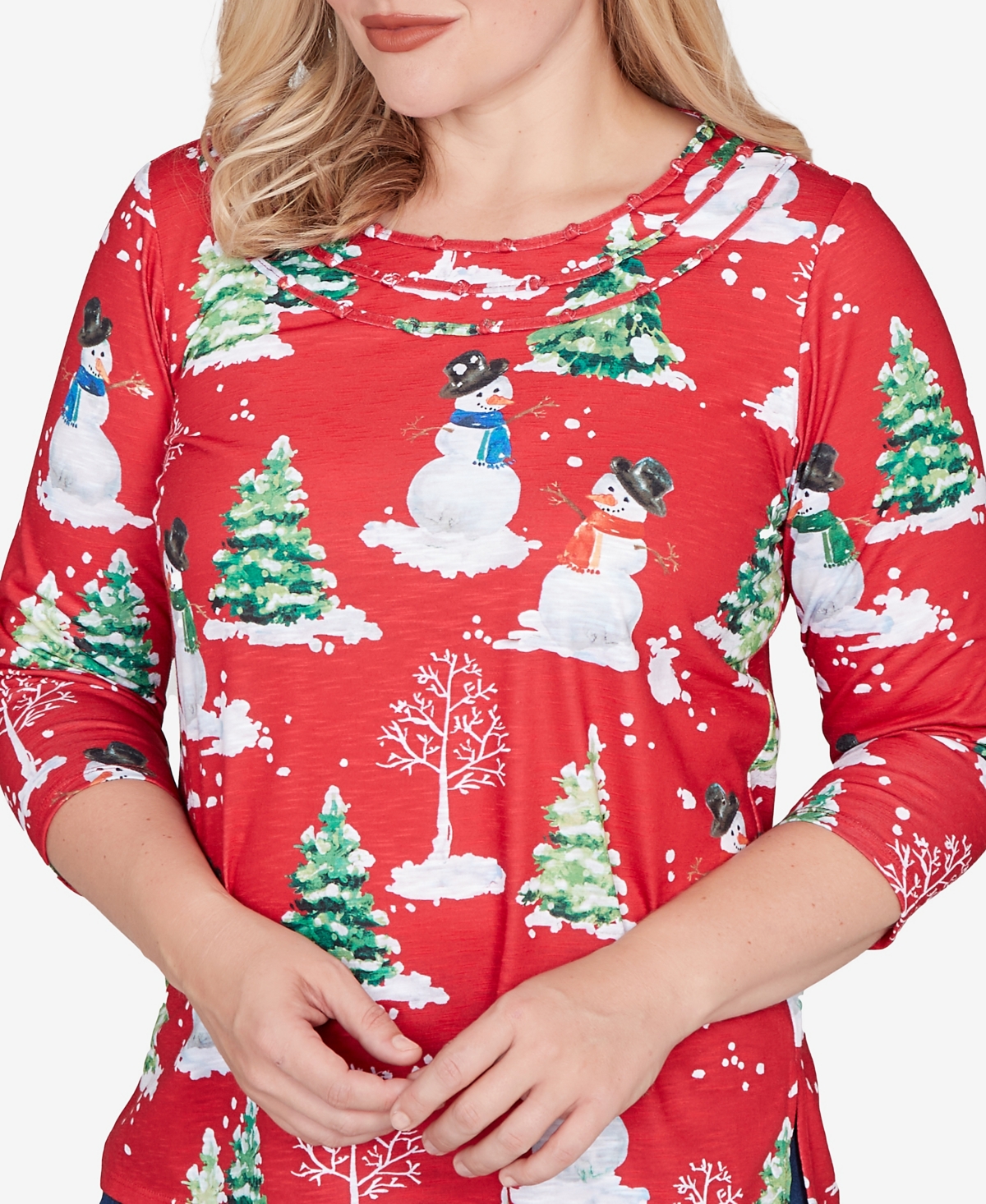 Alfred Dunner Petite Snowmen Print Top In Red