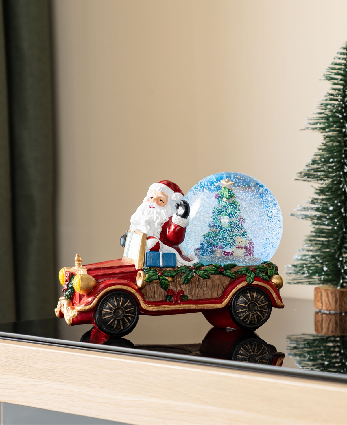Glitzhome 100mm Lighted Resin Christmas Musical Snowflakes Santa Car Water Globe In Multi