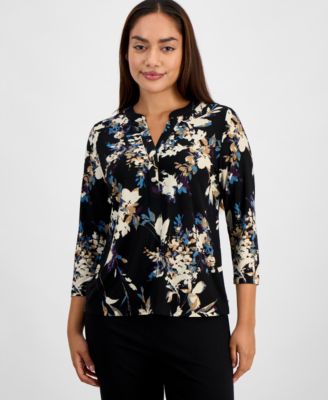 AK Anne Klein - Petite Henley-Neck Floral-Print Top