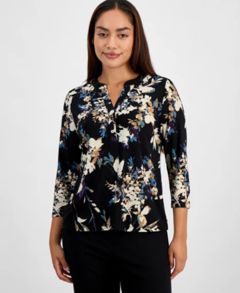 AK Anne Klein Petite Henley-Neck Floral-Print Top - Anne Black Multi
