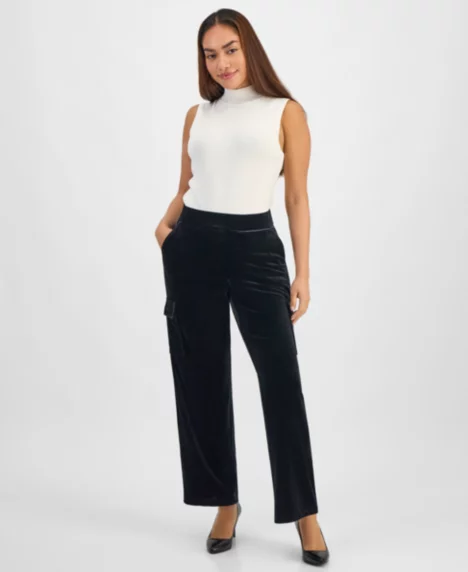 AK Anne Klein Petite Velour Pull-On Cargo Pants - Anne Black