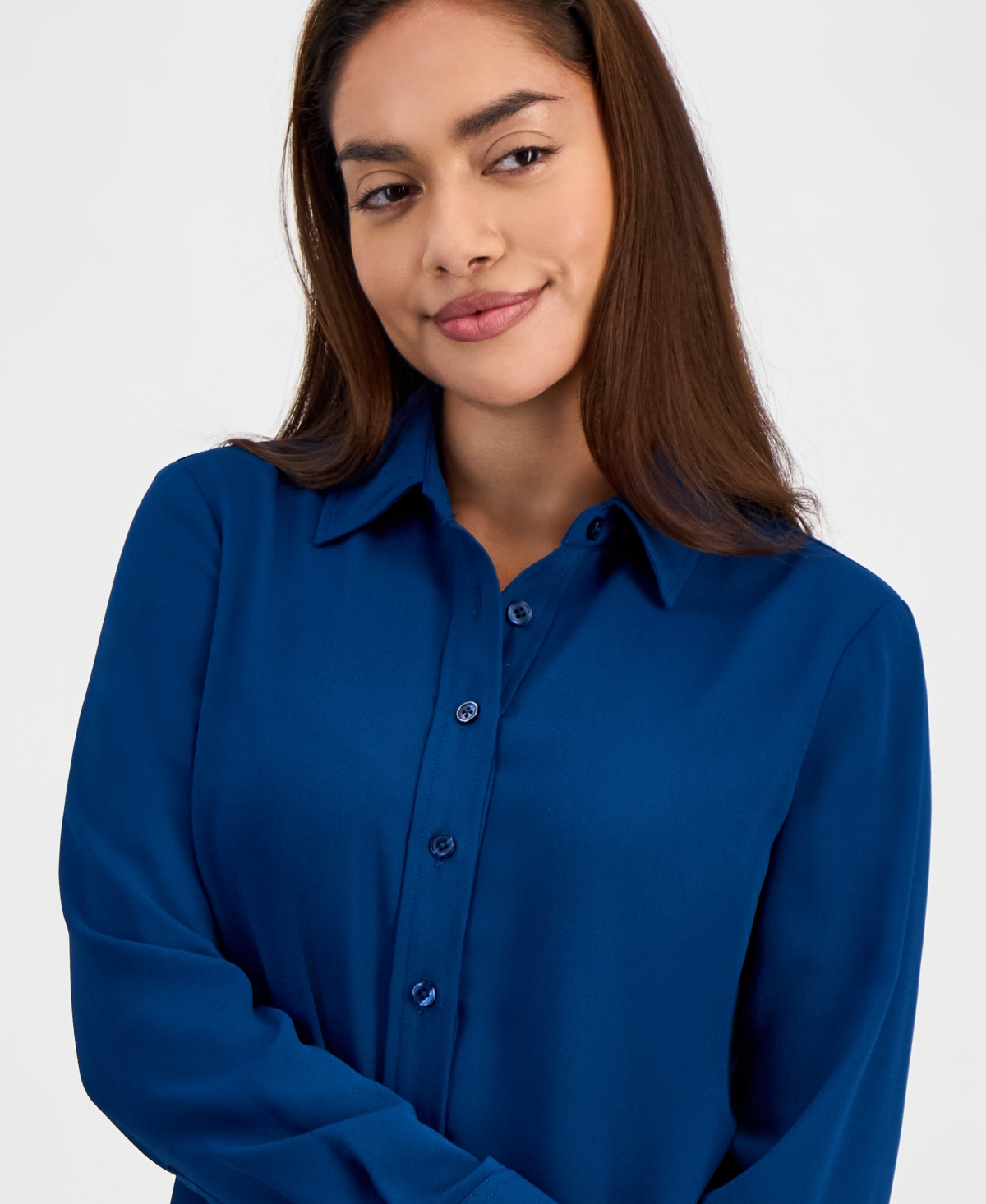 Ak Anne Klein Petite Long-sleeve Button-front Shirt In Blue