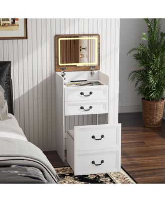 Flip-top vanity desk with mirror and stool.