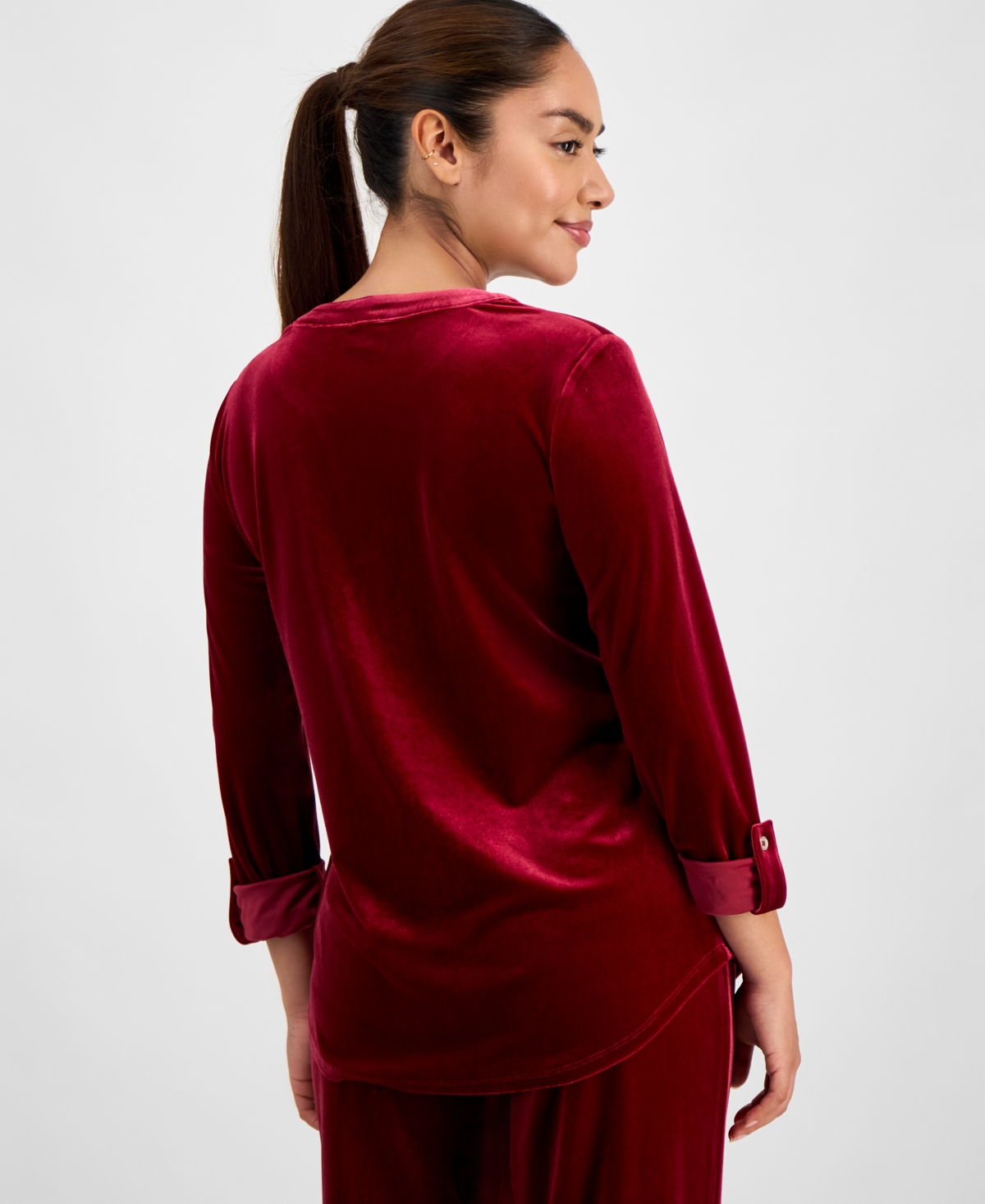 Ak Anne Klein Petite Velour Split-neck Top In Red