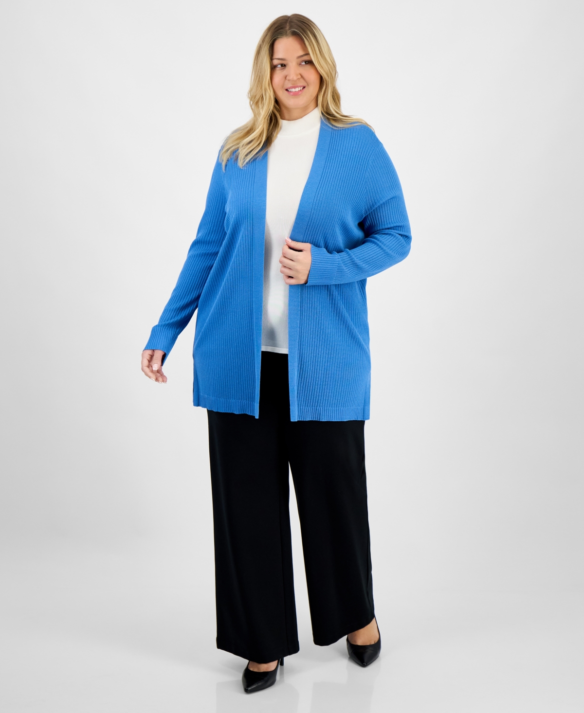 Jones New York Plus Size Open-front Long-sleeve Cardigan In Blue