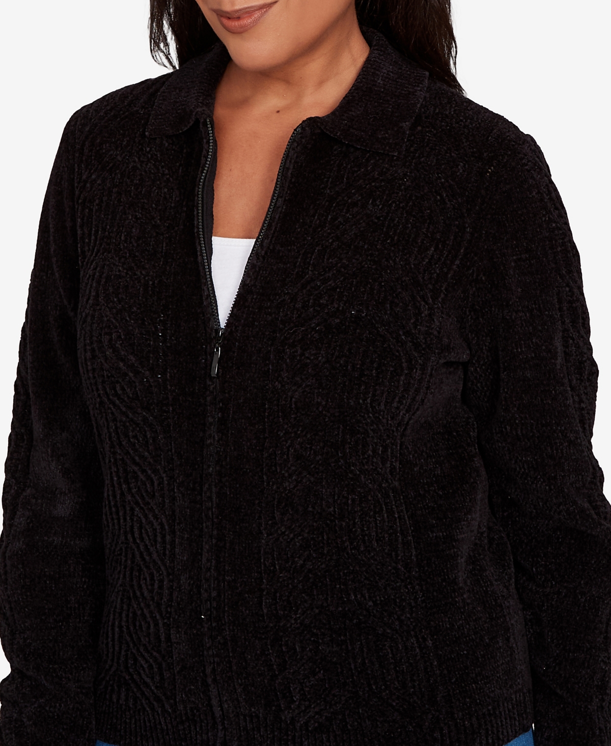 Alfred Dunner Petite Front Zip Chenille Cardigan
