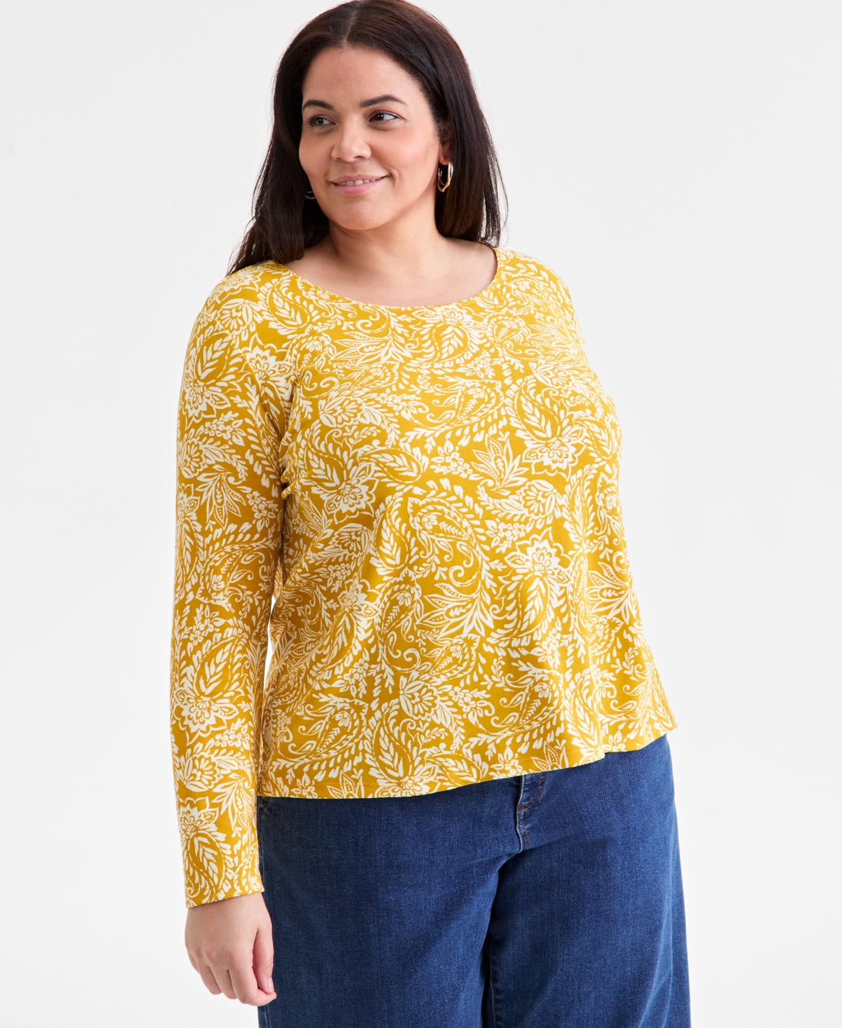 Style & Co Plus Size Printed Long-sleeve Top, Macy's Exclusive In Yellow