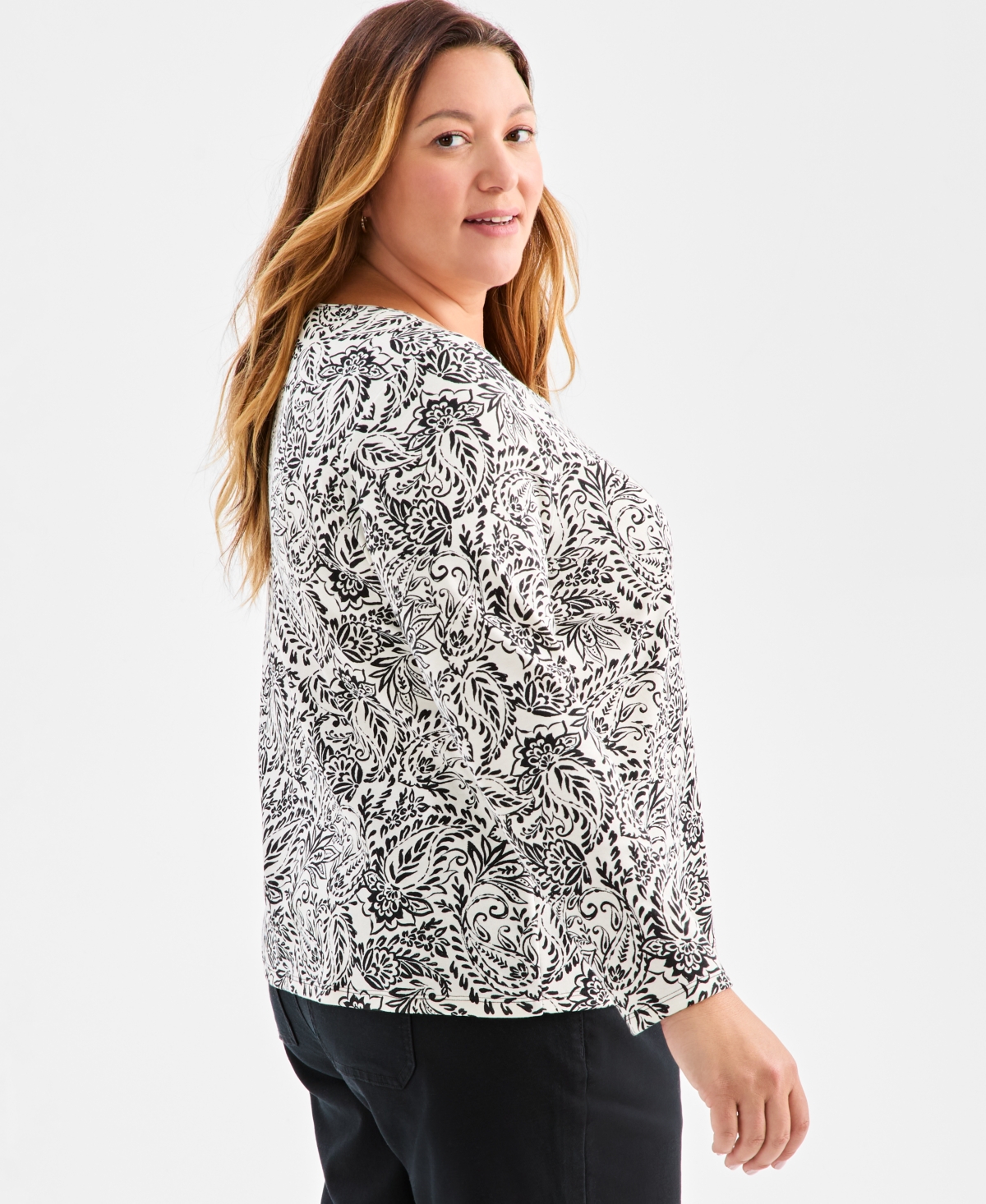 Style & Co Plus Size Printed Long-sleeve Top, Macy's Exclusive In Gray