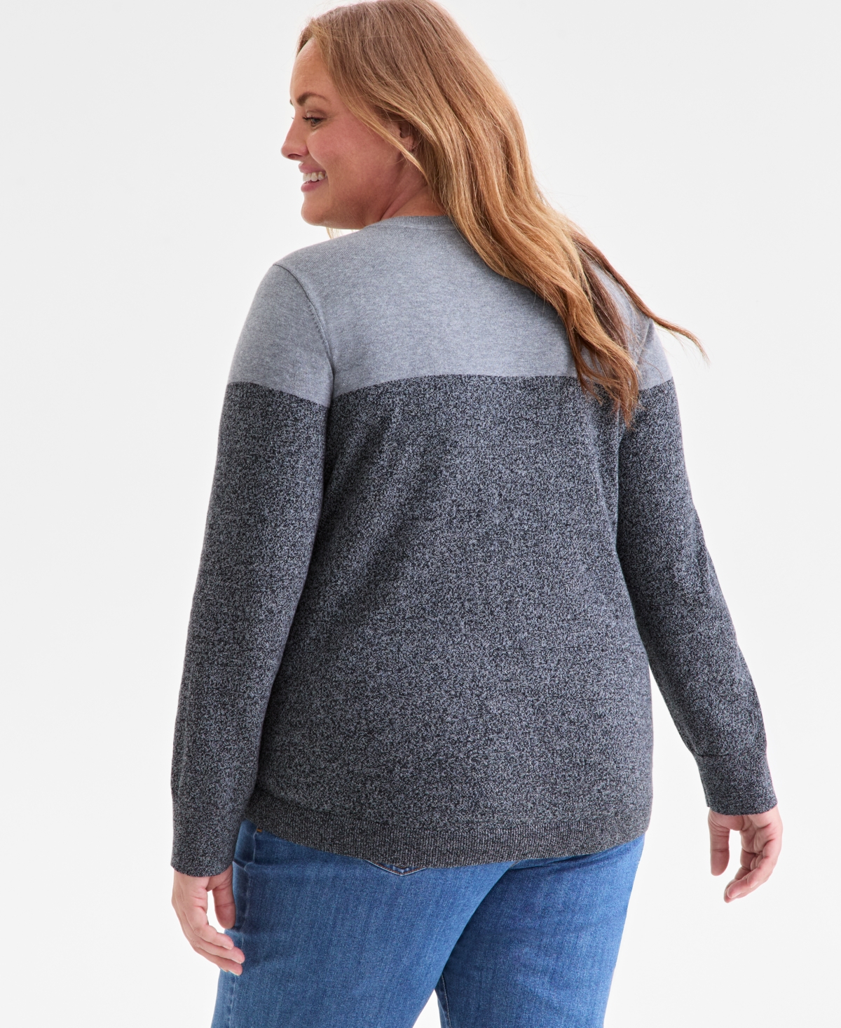 Style & Co Plus Size Cotton Color-block Crewneck Sweater, Macy's Exclusive In Gray