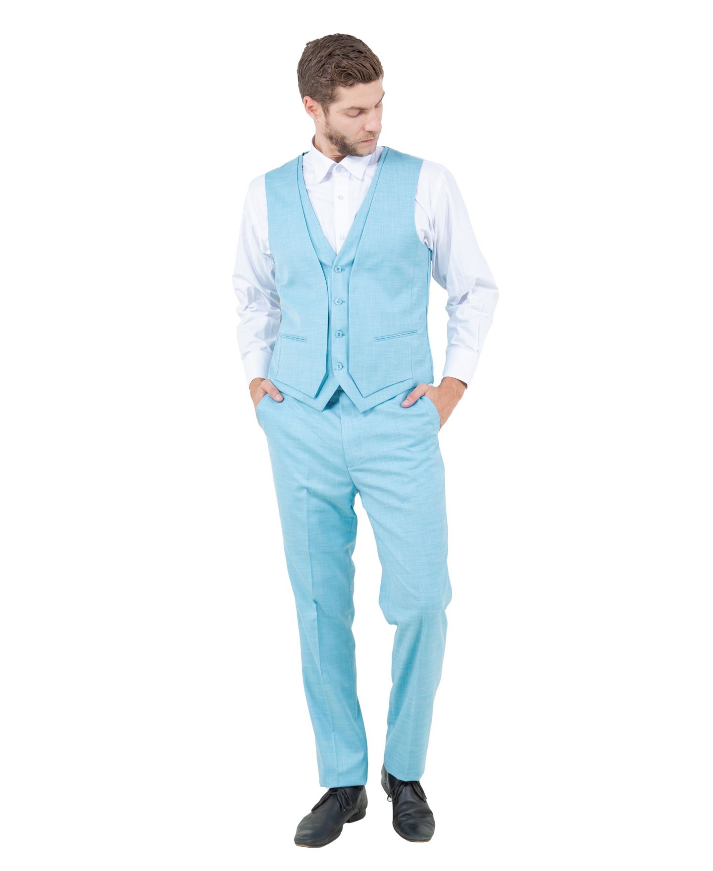 Мужские куртки Stacy Adams Solid Textured 3-Piece Jacket With Solid Vest And Pants Suit Notch Lapel, цвет: Аквамариновый — фото 4