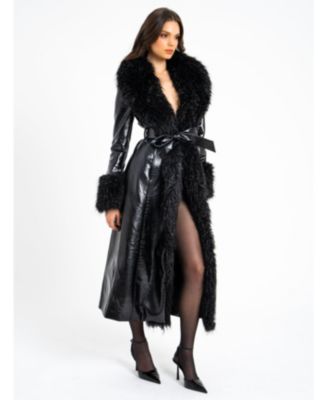 Women's Zella Black Fur Trim Faux Croc Leather Coat