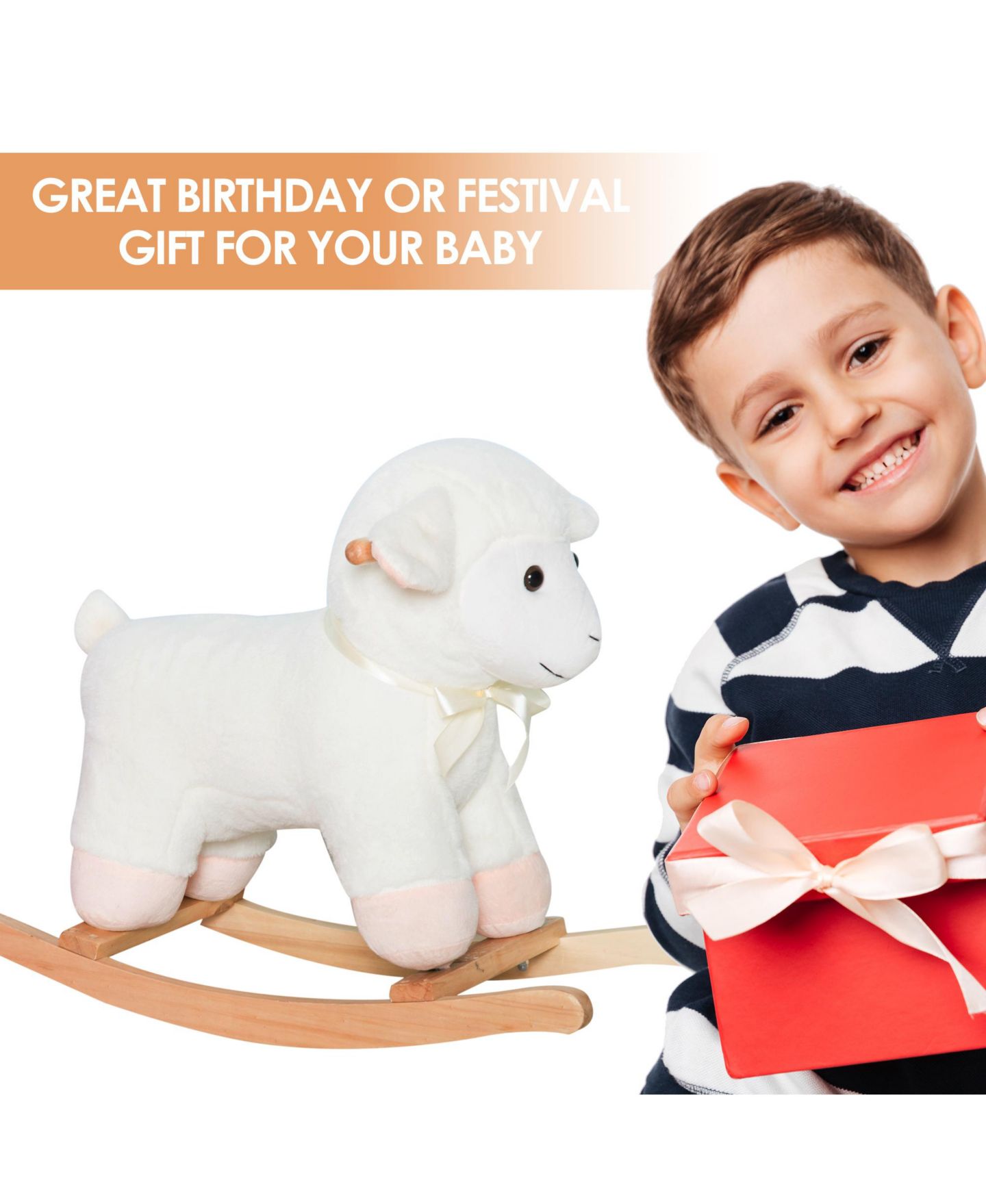 Детская мягкая игрушка Qaba Lamb Rocking Horse, Wooden, Supports Up to 66 lbs, Ages 18 Months+ — фото 3