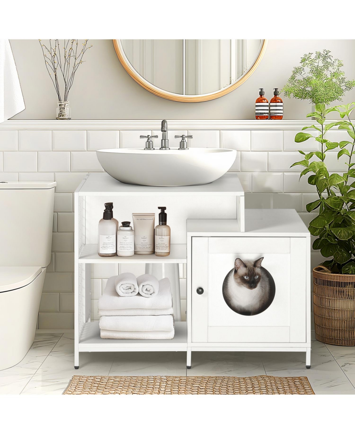 Cat Litter Box Enclosure - Hidden Washroom, White - White