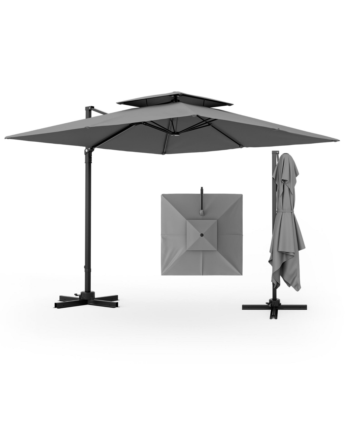 Patio 9.5FT Square Cantilever Offset Umbrella Double Vented 360 Heavy Duty - Grey