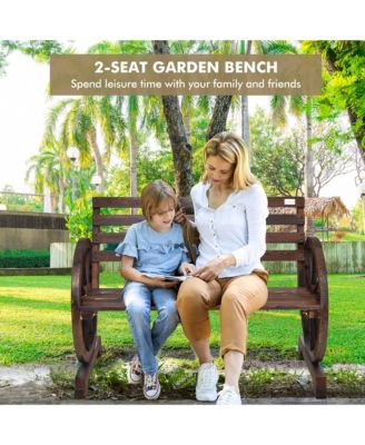 Patio Wagon Wheel Bench Outdoor Garden Wooden Rustic Bench w/ Slatted Design