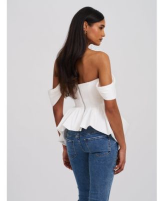 Women Qistina White Off-shoulder Bubble Hem Peplum Cotton Top