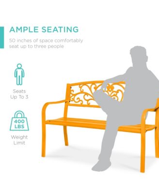 Outdoor Steel Bench Garden Patio Porch Furniture w/ Floral Design Backrest