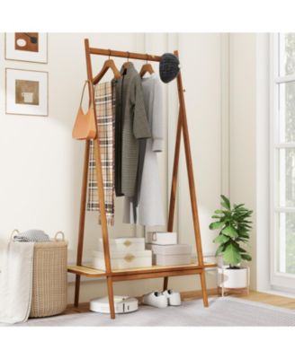 Modern Clothes Rack for Entryway with Sturdy Hanging Rod, Decorative Rattan Shelf, and Elegant Copper Hooks