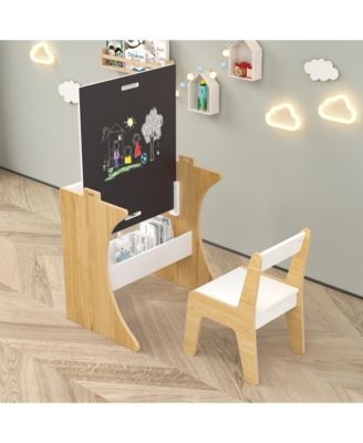 2 PC Wooden Kids Table Set with One Chair, Multifunctional Children Study Table-Convertible Tabletop for Study