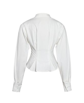 Women Sylvia White Pinstripe Deep V Pleated Shirt