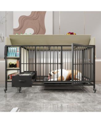 Large Pet Cage w/ Storage & Stainless Steel Bowls (Black/Beige)