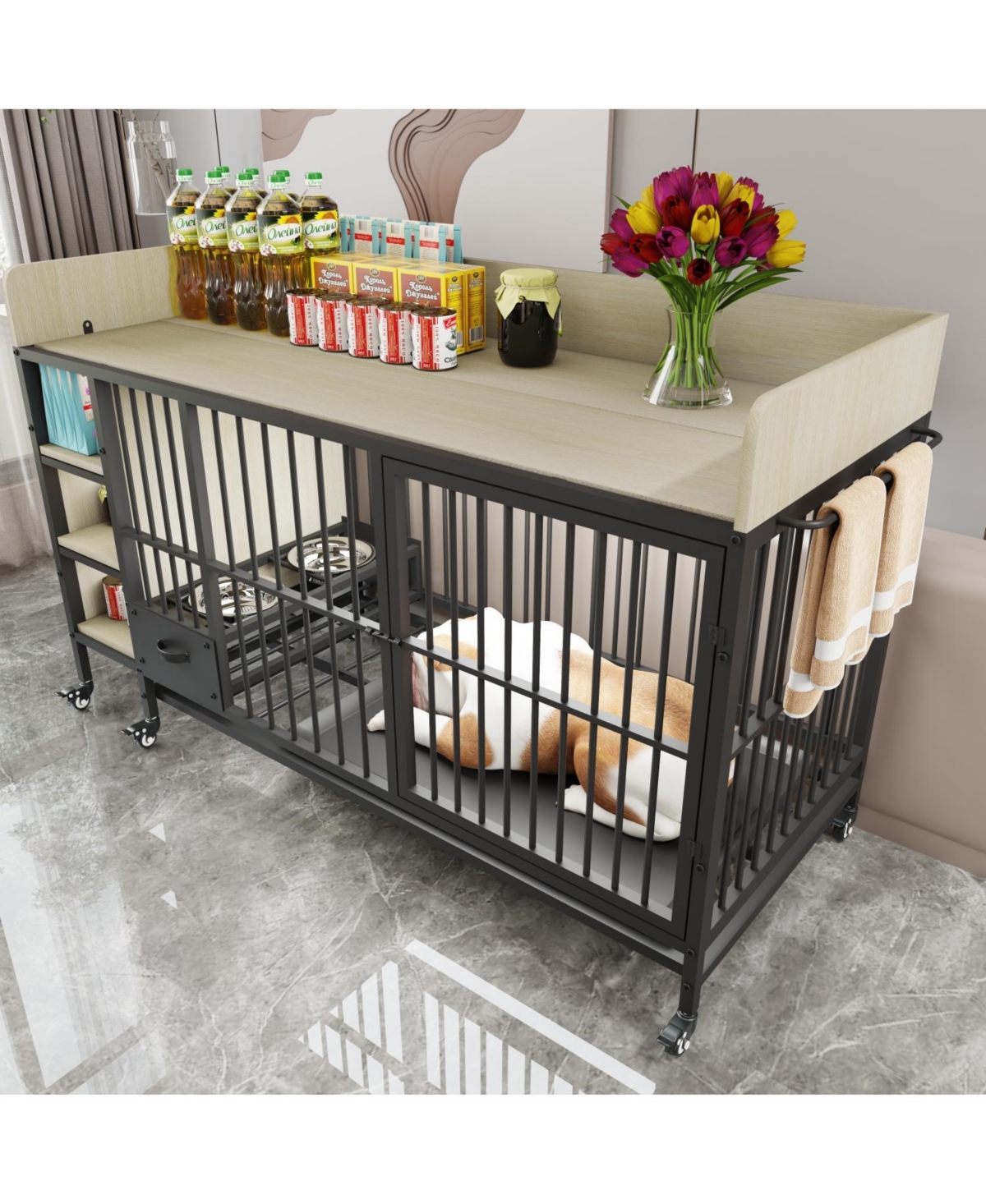 Large Pet Cage w/ Storage & Stainless Steel Bowls (Black/Beige) - Beige+black
