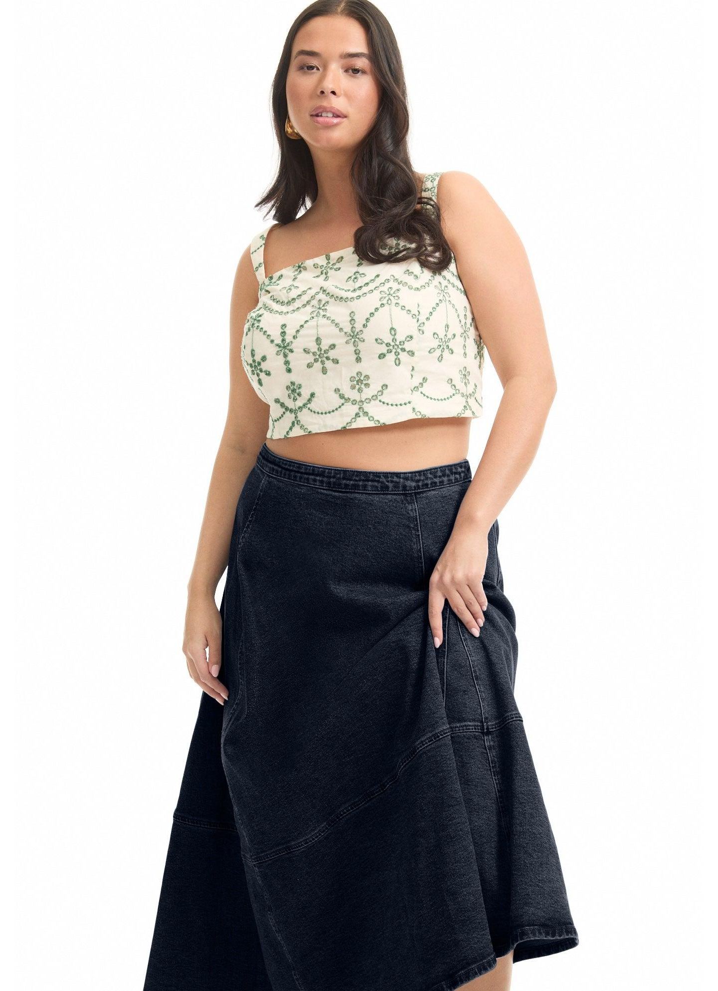 Женская юбка June & Vie Fit-And-Flare Stretch Denim Midi, цвет: Dark Rinse — фото 2
