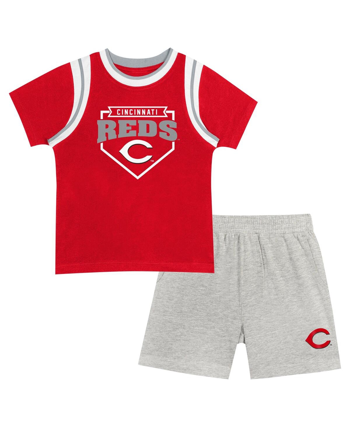 Outerstuff Kids' Big Boys And Girls Fanatics Red/gray Cincinnati Reds Bases Loaded T-shirt And Shorts Set In Multi