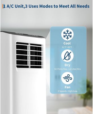 8,000 BTU Portable AC, 3-in-1 Cooling, Fan & Dehumidifier for 350 Sq.Ft, No-Drain, Black Cover