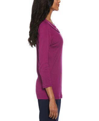 Petite Ribbed Marilyn Neck 3/4 Sleeve Top with Decorative Brooch