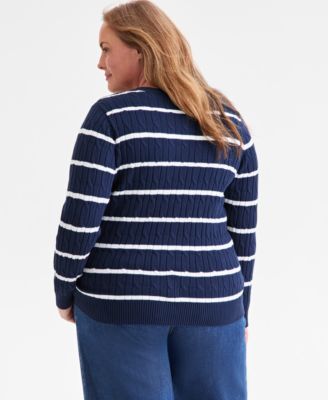 Plus Size Cotton  Cable-Knit V-Neck Stripe Sweater, Created for Macy's