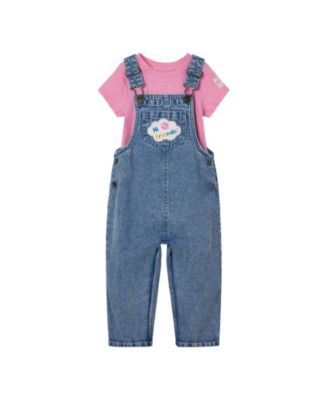 Toddler Girls Denim Square Neck Vintage Wash Cosplay Overall, T-Shirt and Headband 3 Piece Outfit Set