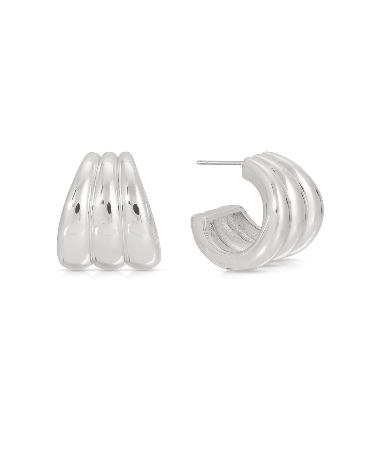 Triple Ribbed Hoops Earrings - Silver