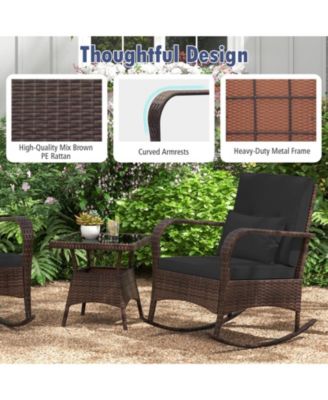 3-Piece PE Wicker Rocking Chair Patio Set with Tempered Glass Table – Ideal for Poolside, Backyard, or Porch