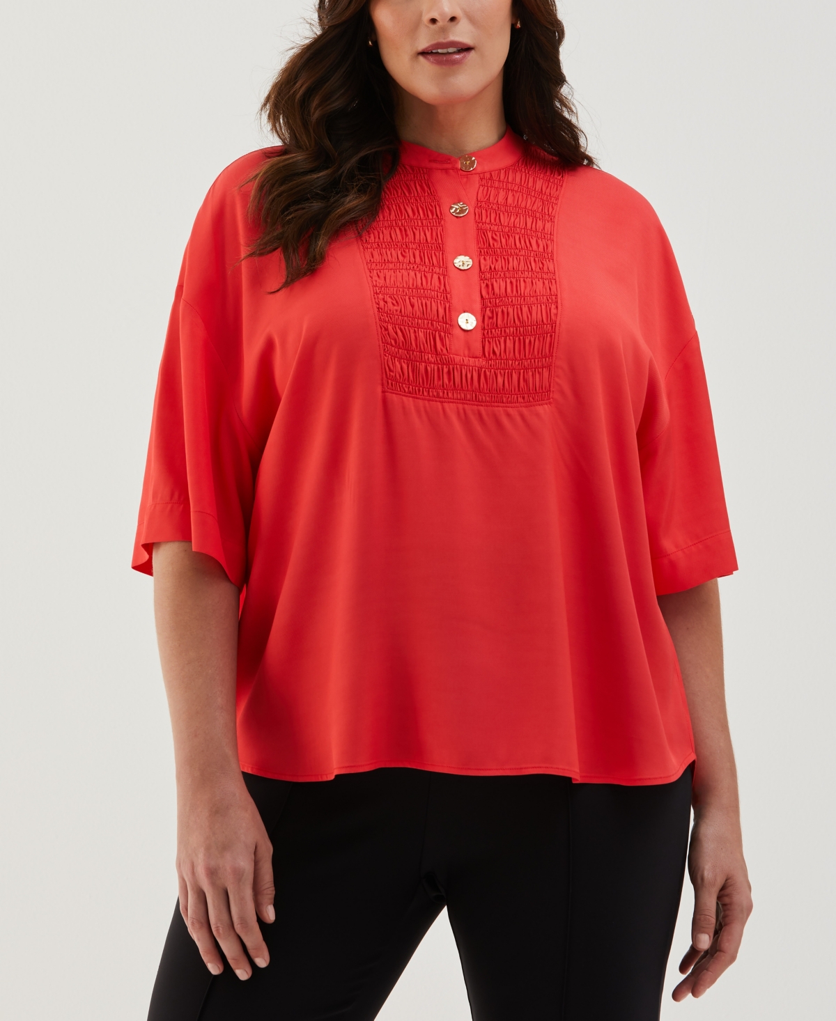 Plus Size Smocked Banded Collar Short Sleeve Top - Hibiscus