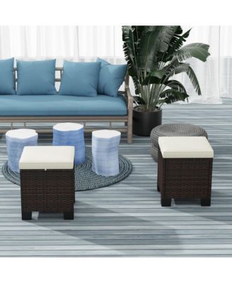Wicker Outdoor Ottoman Footstool Set of 2 with Cushions,