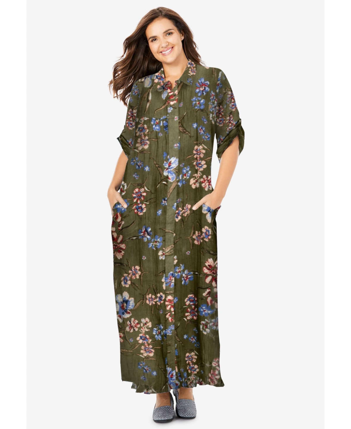 Women's Within Roll-Tab Sleeve Crinkle Shirtdress - Deep claret batik