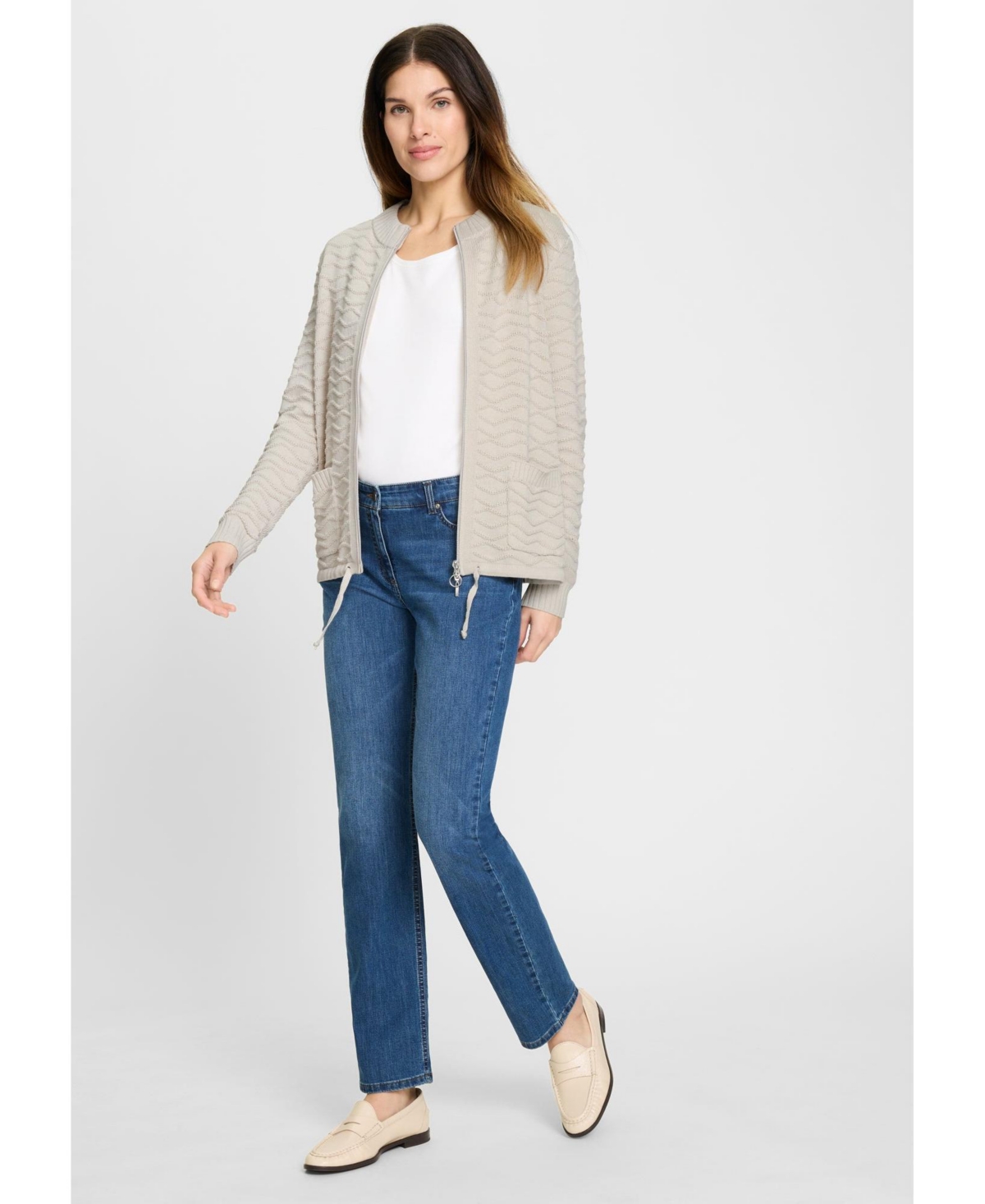 Olsen Women's Novelty Stitch Zip Front Cardigan