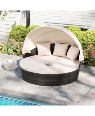 Patio Round Daybed PE Rattan Cushioned Sectional Seating with Retractable Canopy